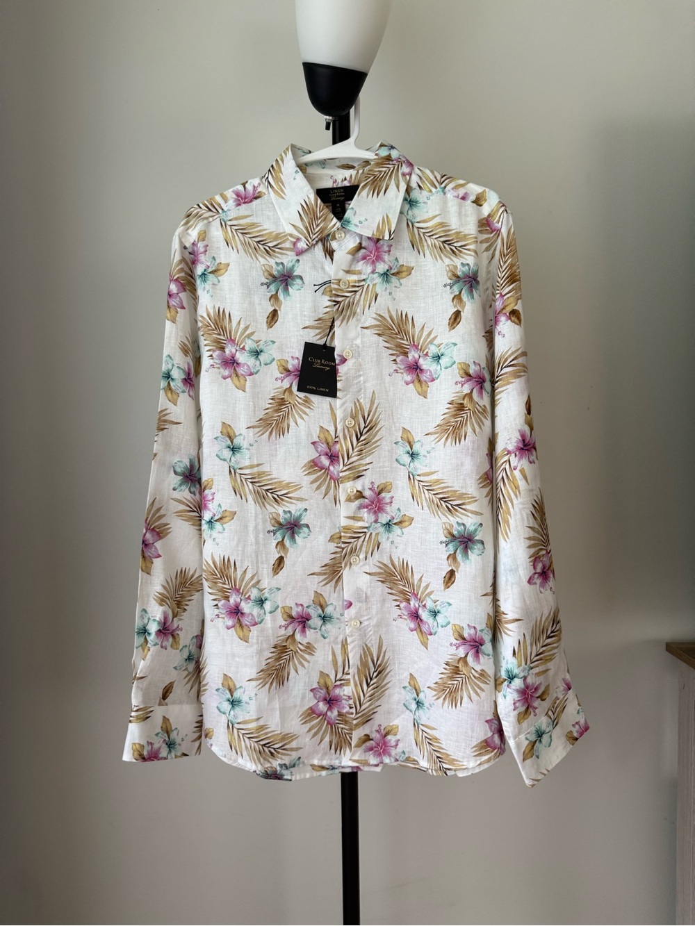 Club Room White Floral Button-Front Shirt with Pink & Teal Flowers